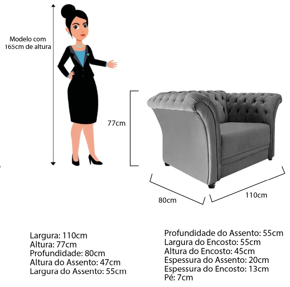Poltrona Decorativa Chesterfield Sofia Suede Cinza - ADJ Decor