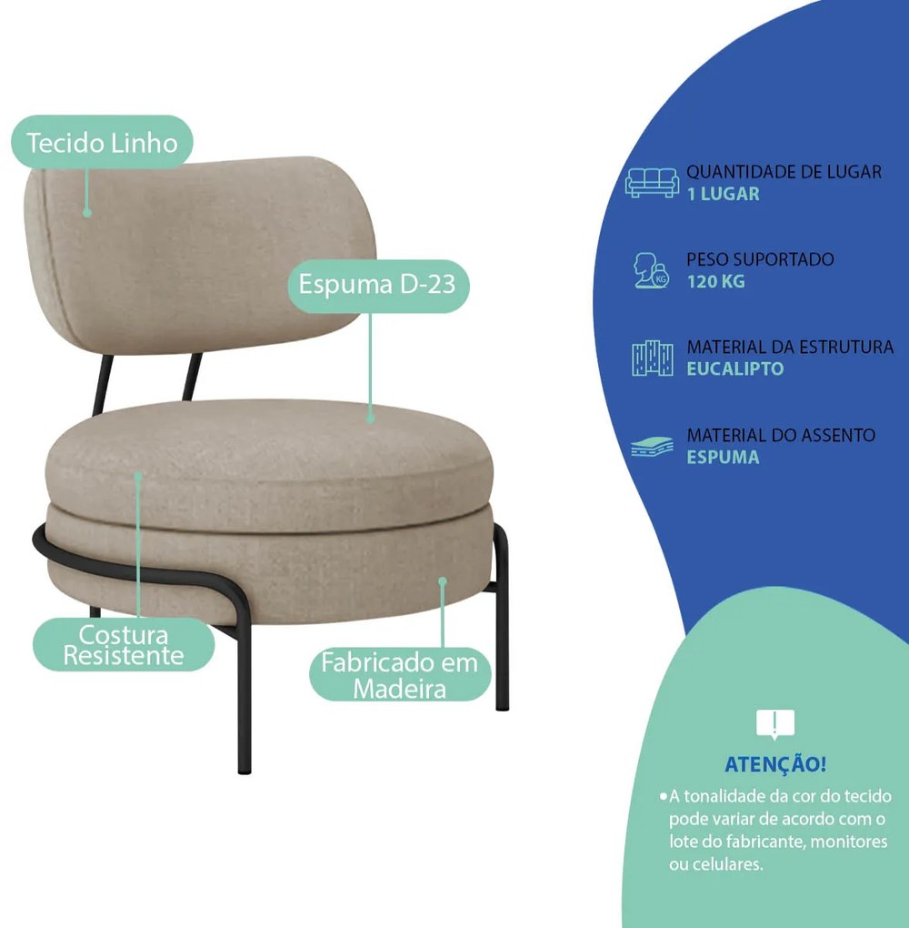 Poltrona Decorativa Luxo Moderna Sala de Estar Recepção Mimo Linho