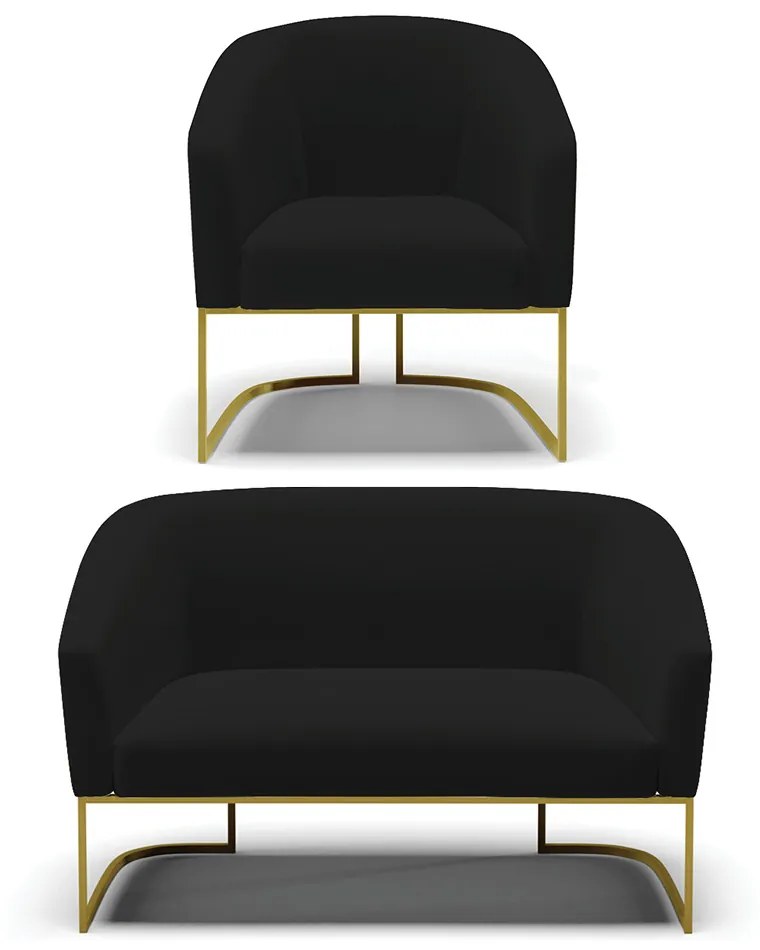 Sofá Namoradeira e Poltrona Base Industrial Dourado Stella Linho D03 - D'Rossi - A79 Preto
