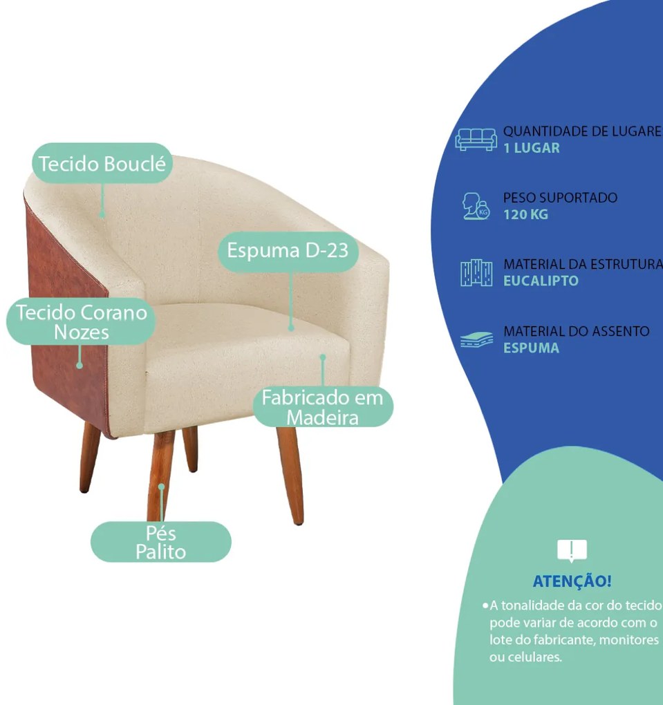 Poltrona Jade Decorativa Moderna Sala de Estar Quarto Escritório Conforto Corano Nozes e Bouclé Pés Palito