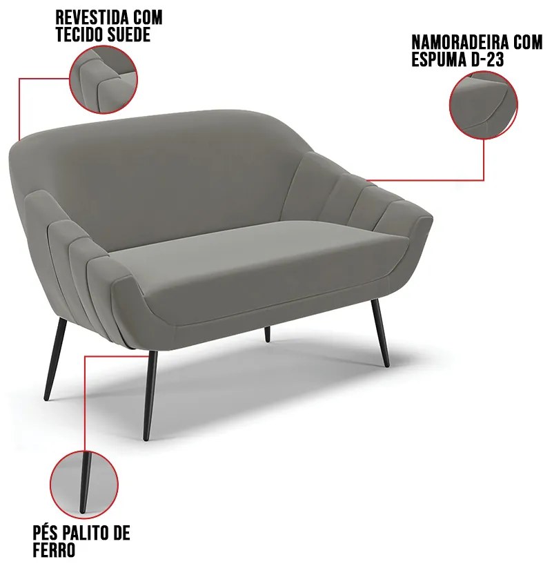 Namoradeira Giovana 02 Lugares Suede Pés Palito de Ferro D03 - D'Rossi 
 - Grafite