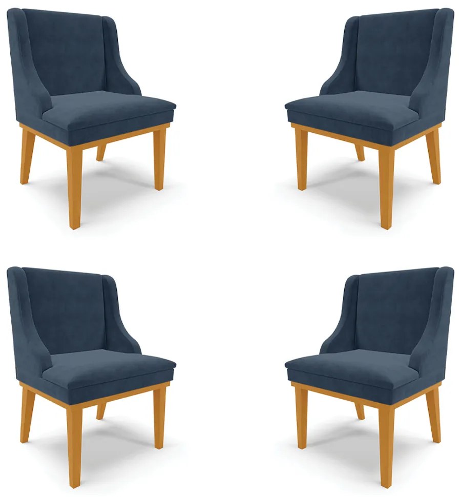 Kit 4 Cadeiras Decorativas Sala de Jantar Base Fixa de Madeira Firenze Suede Azul Marinho/Castanho G19 - Gran Belo