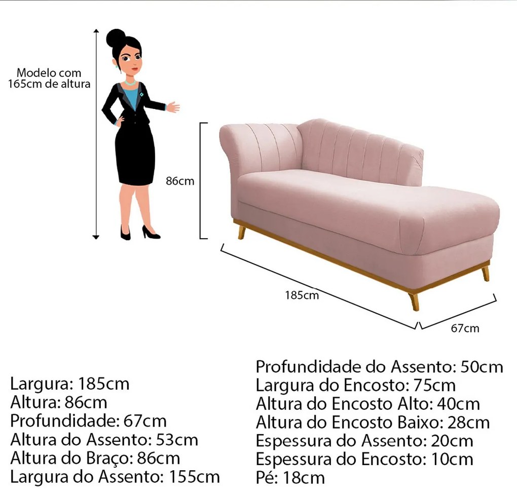 Recamier Vanessa 185cm Lado Esquerdo Suede Rosê - ADJ Decor