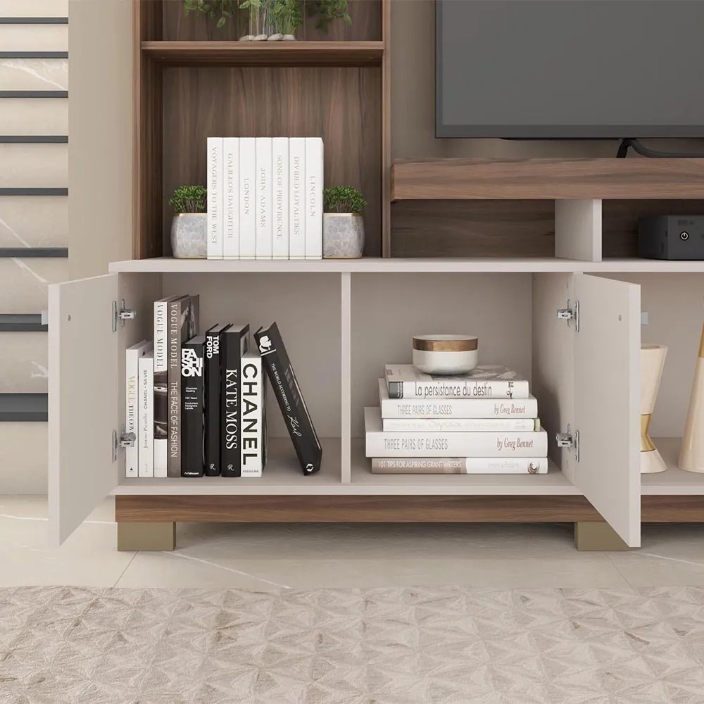 Estante TV 70 Pol 210cm Sala de Estar Mirel C01 - D'Rossi - Nogueira/Off White