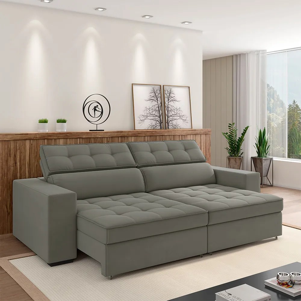 Sofá Decorativo Hugo 2 Lugares 246cm Reclinável e Retrátil Veludo Cinza G45 - Gran Belo