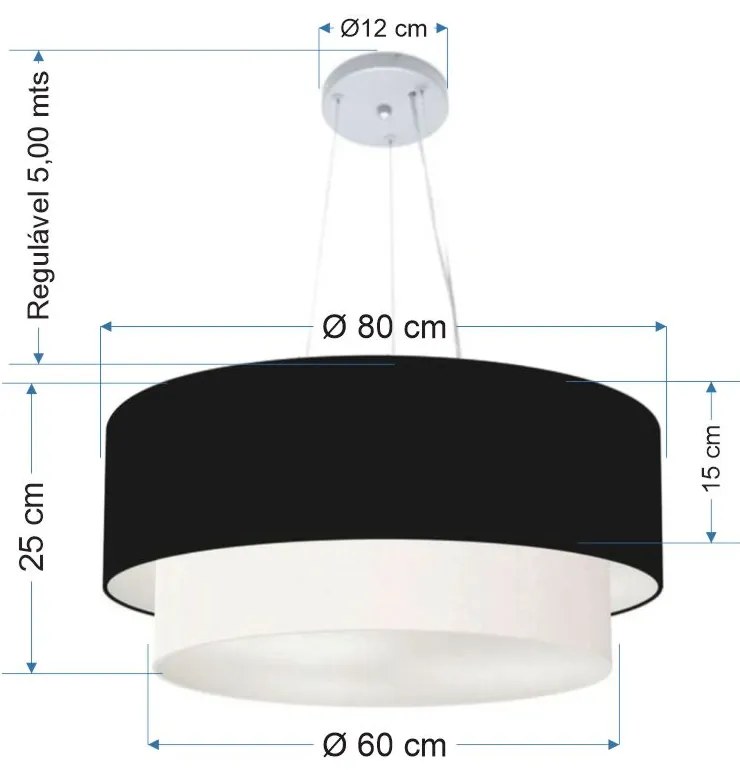 Lustre Pendente Duplo Cilíndrico Vivare Md-4073 Cúpula em Tecido 80x60cm - Bivolt