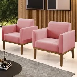 Poltrona Base Madeira Castanho Kit 2 Maressa Suede Rosê - Ibiza