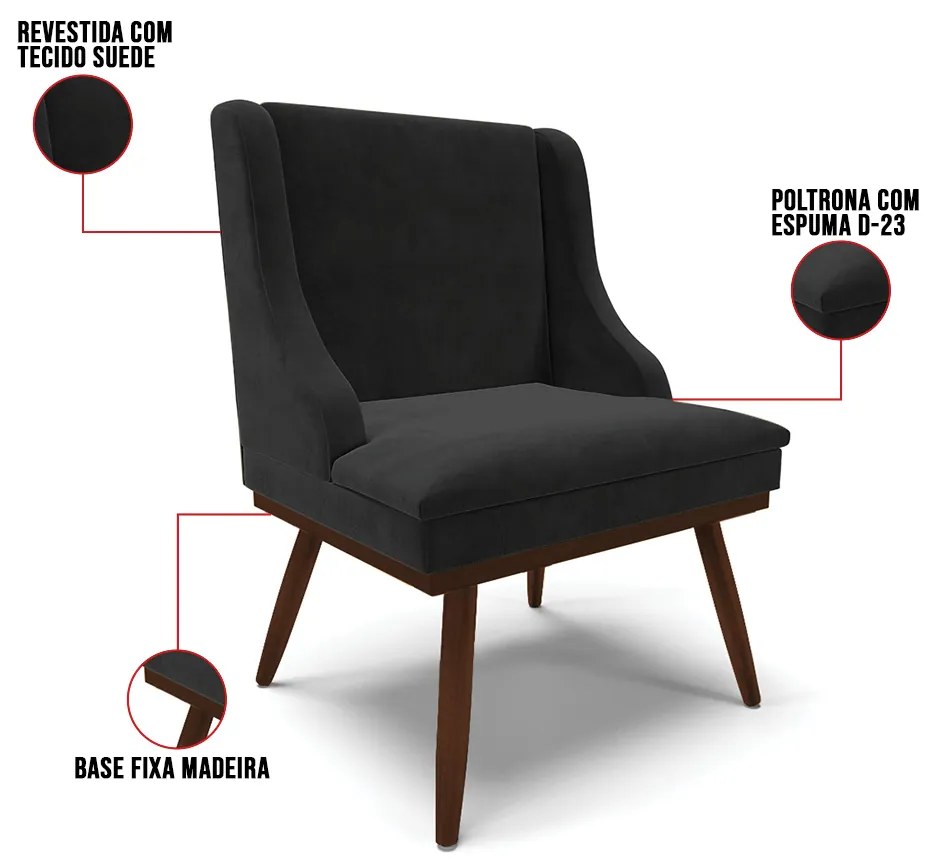 Cadeira de Jantar Liz Suede Base Fixa Madeira com Pés Palito Tabaco D03 - D'Rossi - Preto