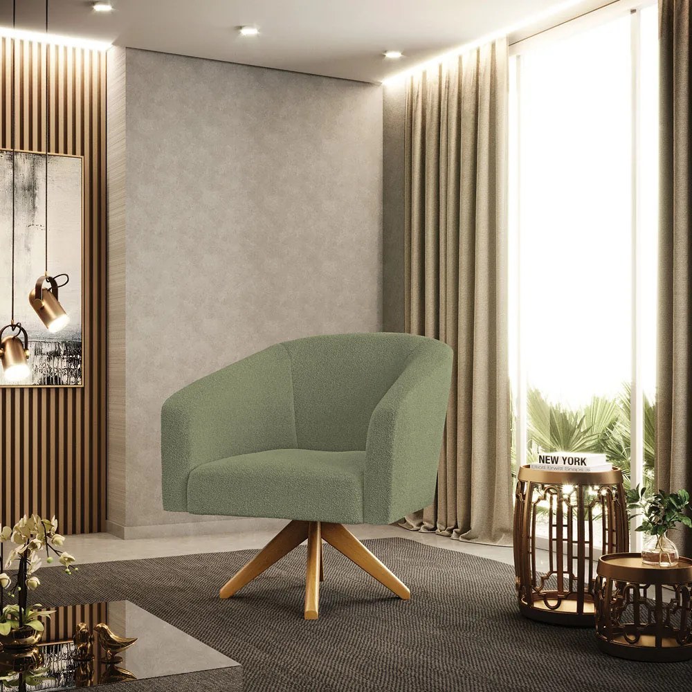 Poltrona Sala Decorativa Giratória Madeira Stella Bouclê D03 - D'Rossi - Pistache