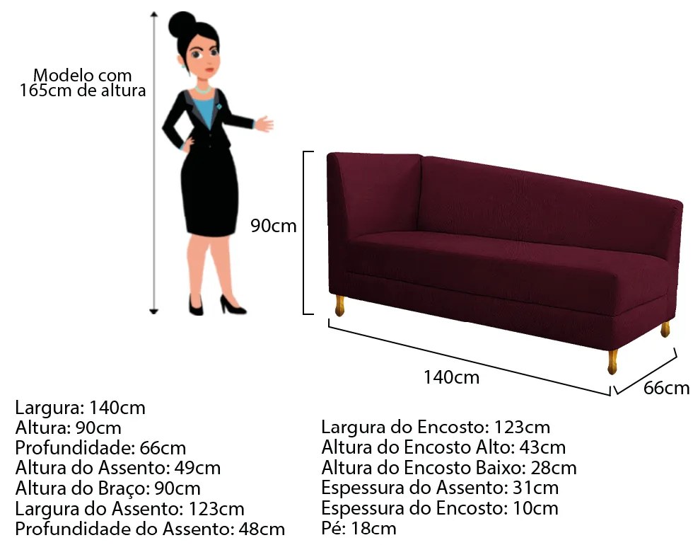Recamier Valéria 140cm Lado Esquerdo Suede Bordô - ADJ Decor