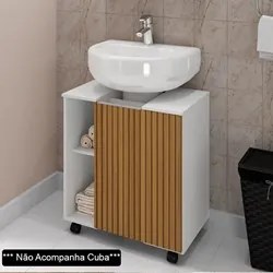 Gabinete Para Banheiro 55cm 1 Porta Com Rodízios Pequin Branco/Ripado