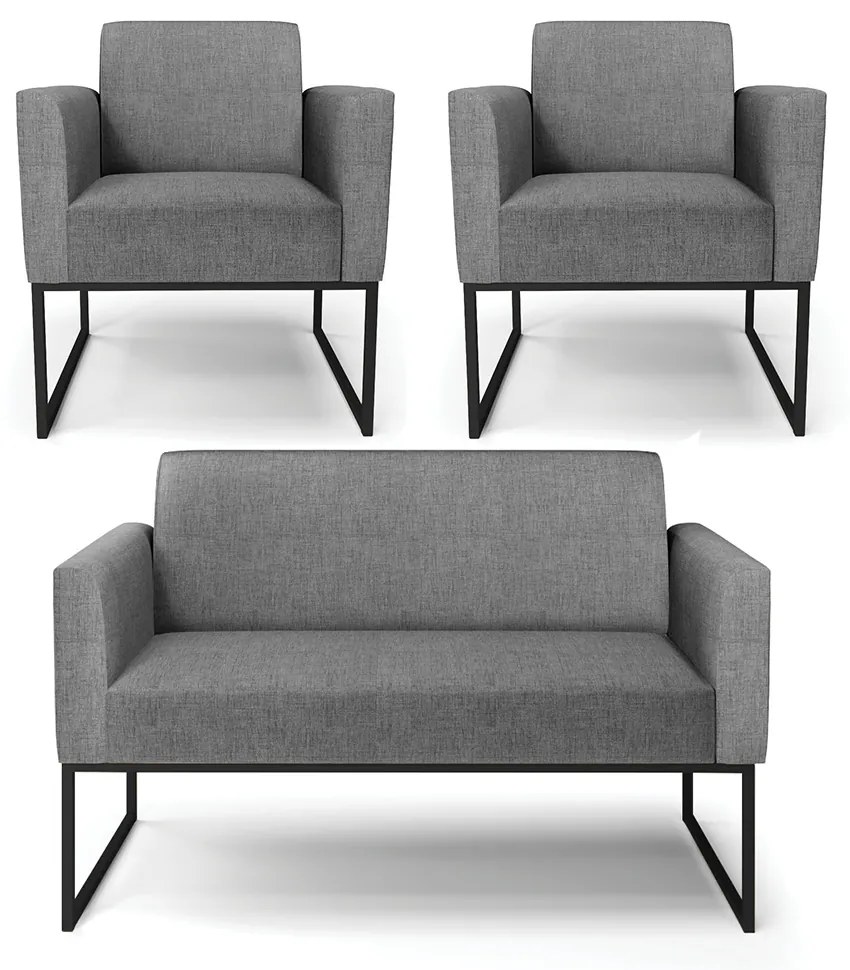 Sofá Namoradeira com 2 Poltronas Base Industrial Preto Marisa Linho - A32 Palha