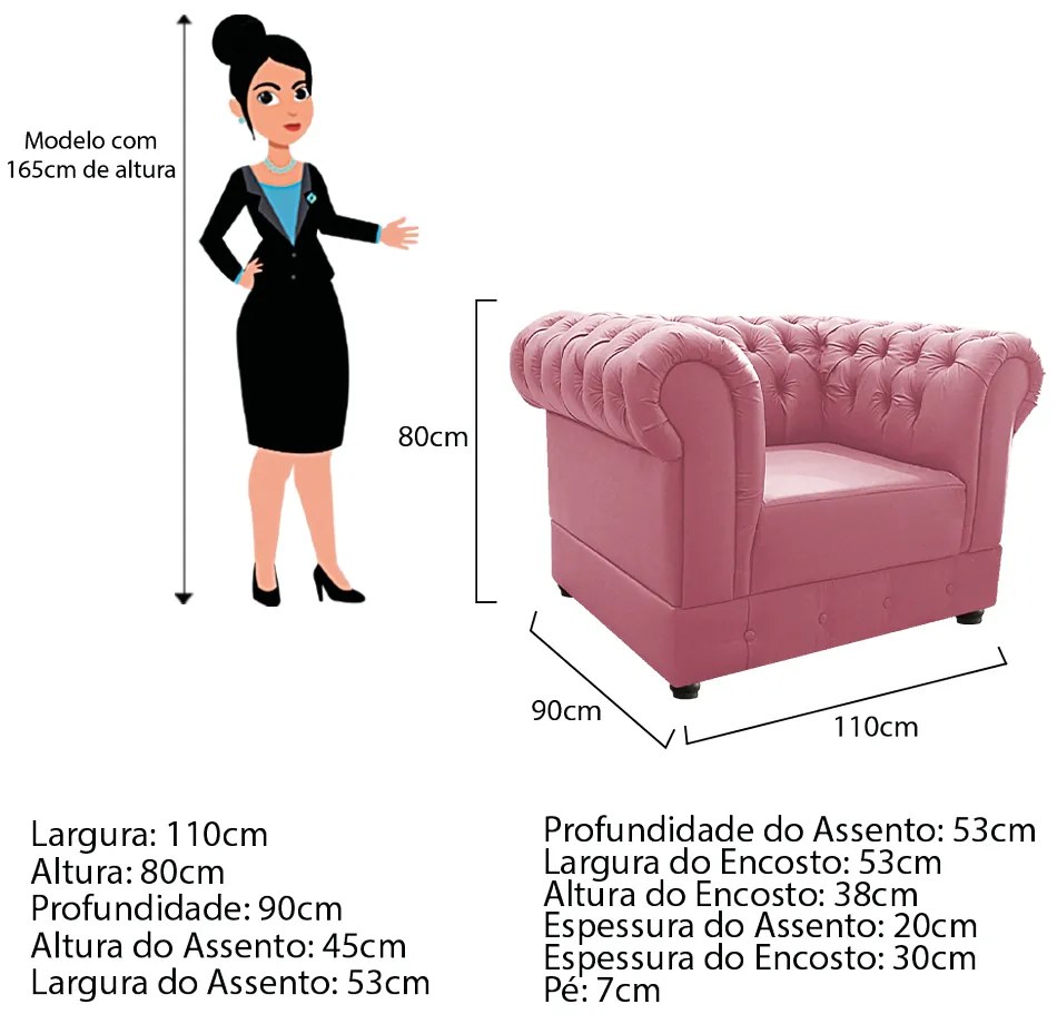 Kit Poltrona e Namoradeira Chesterfield Ana Suede Rosa Bebê - ADJ Decor