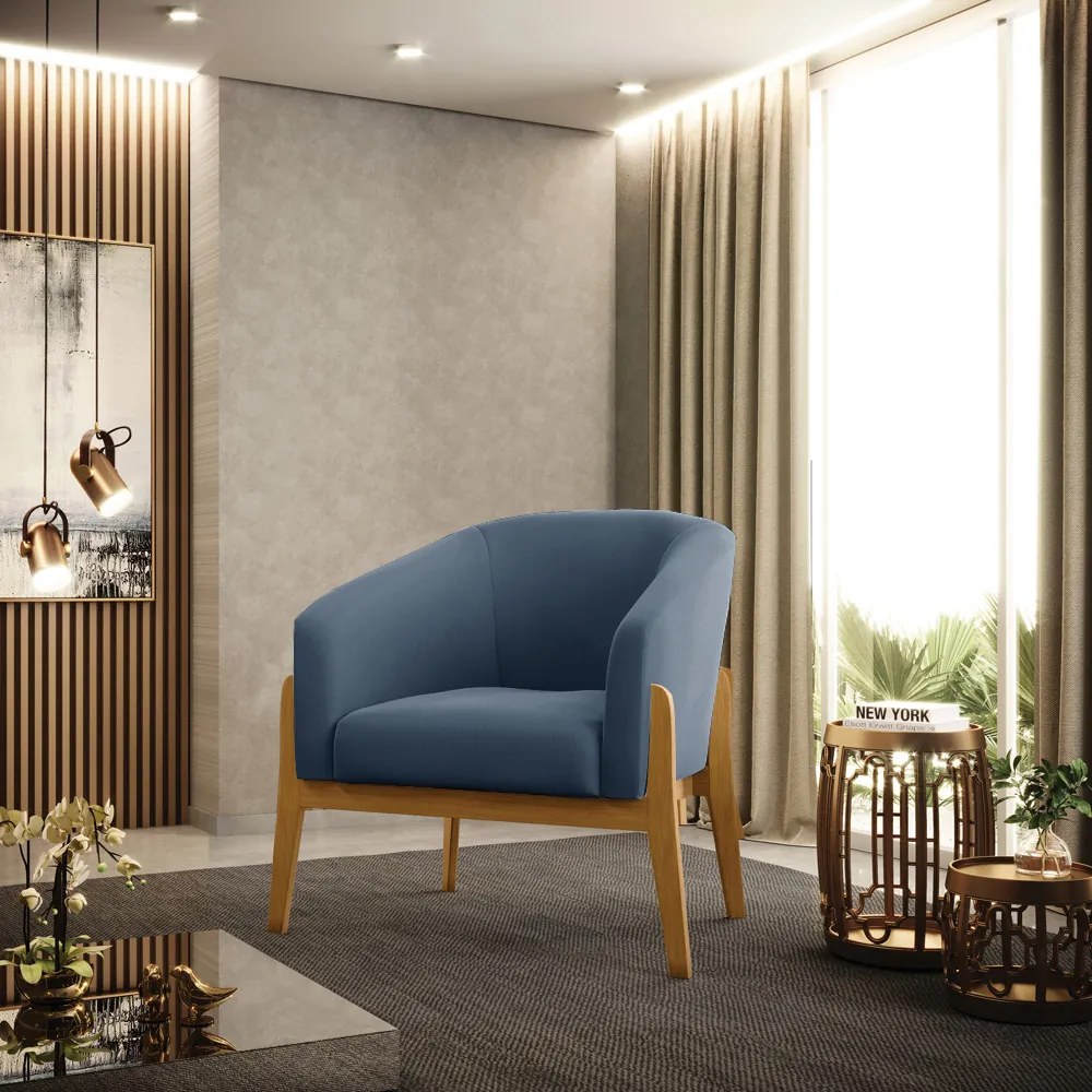 Poltrona Decorativa Base de Madeira Stella Suede Azul M D03 - D'Rossi