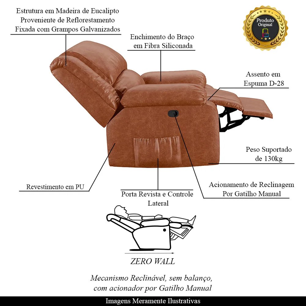 Poltrona do Papai Reclinável Sala de Cinema Madrid Manual PU Caramelo Brilho G23 - Gran Belo