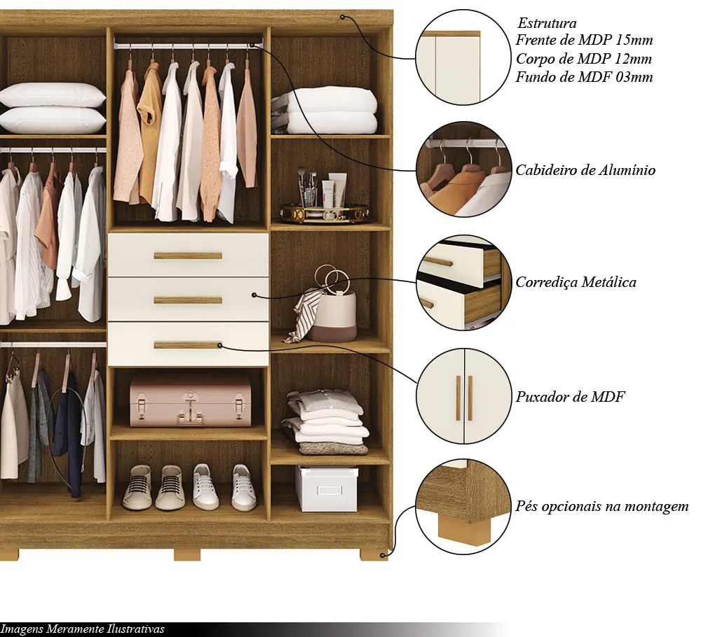 Guarda Roupa Casal Belga 6 Portas de Bater 3 Gavetas com Cabideiros Nature/OffWhite G98 - Gran Belo