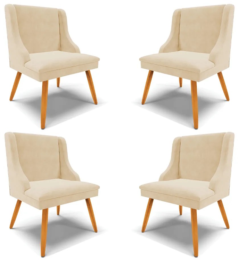 Kit 4 Cadeiras Decorativas Sala de Jantar Pés Palito de Madeira Firenze Suede Bege/Natural G19 - Gran Belo