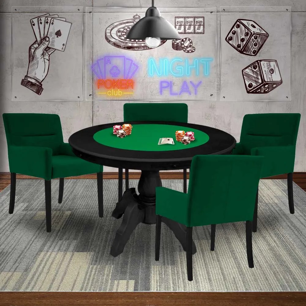 Mesa de Jogos Carteado Redonda Montreal Tampo Reversível Preto com 4 Cadeiras Vicenza Verde G36 G15 - Gran Belo