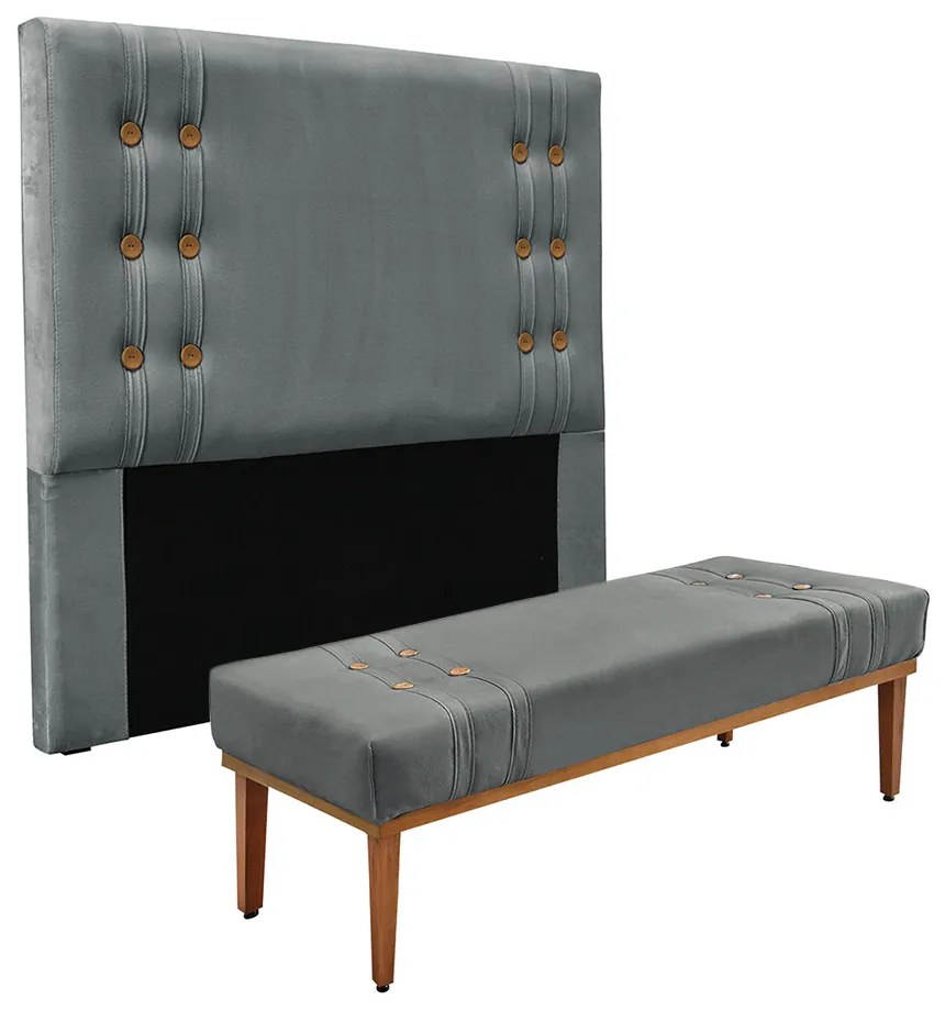 Cabeceira Cama Box King 195cm e Recamier Gênova Veludo Cinza S04 - D'Rossi