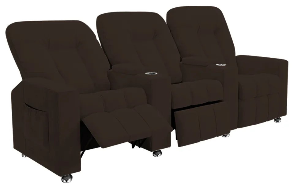 Poltrona Reclinável 3 lugares para Sala de Cinema Pequim Veludo Marrom G23 - Gran Belo