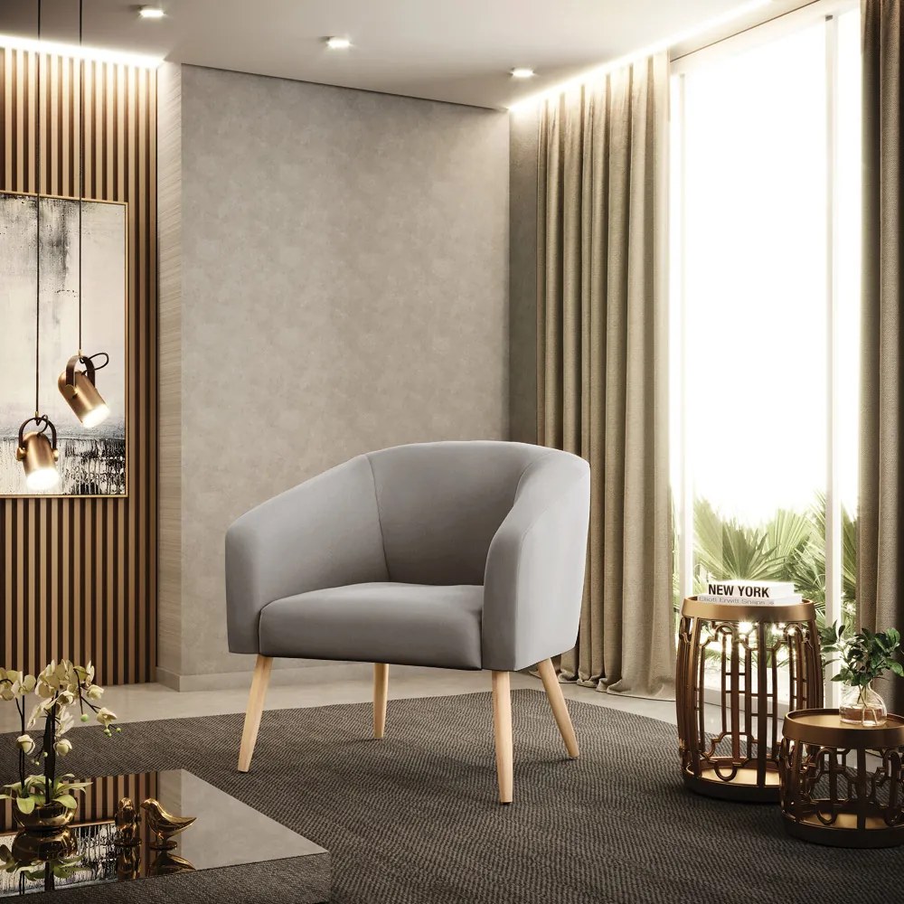 Poltrona Decorativa Pé Palito Natural Kit 2 Stella Veludo D03 - D'Rossi - Cinza