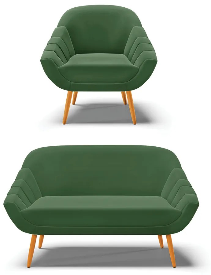 Kit 01 Namoradeira 02 Lugares e 01 Poltrona Giovana Suede Verde Pés Palito Castanho - D'Rossi