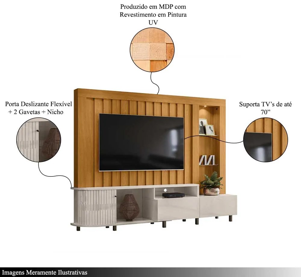 Home Theater Durand 2 Portas Deslizantes 4 Nichos MDP até 70 Cinamomo/OffWhite G97 - Gran Belo