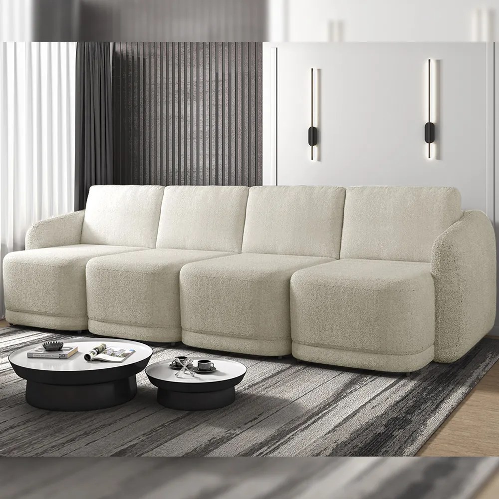 Sofá Cama Modulado Retrátil e Reclinável Decorativo Varsóvia 316cm Bouclê Bege G33 - Gran Belo