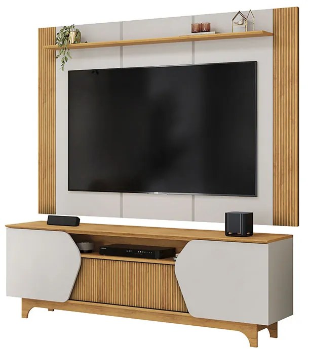 Painel e Bancada TV 75" Rocha Ripado Canelado 4 Portas Bali/Cedro G18 - Gran Belo