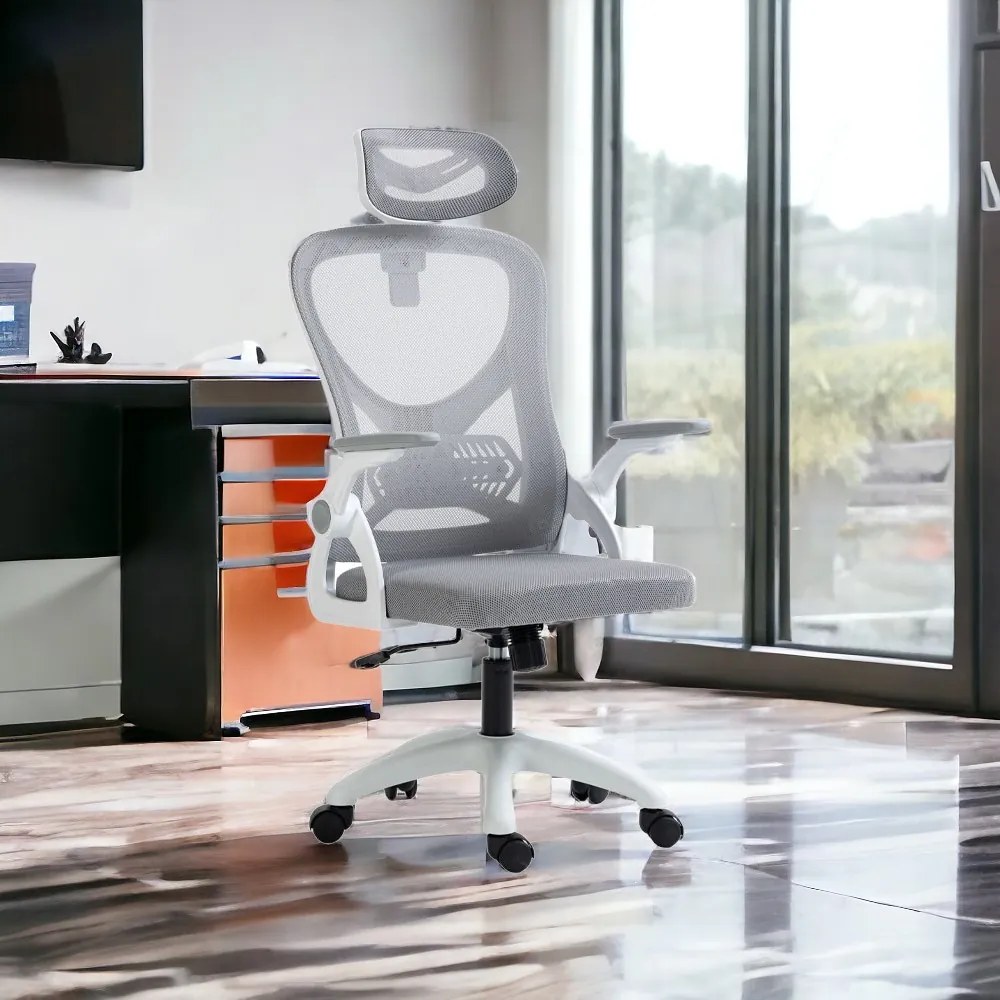 Cadeira de Escritório Office Giratória City em Tela Mech com Apoio de Cabeça Cinza G56 - Gran Belo