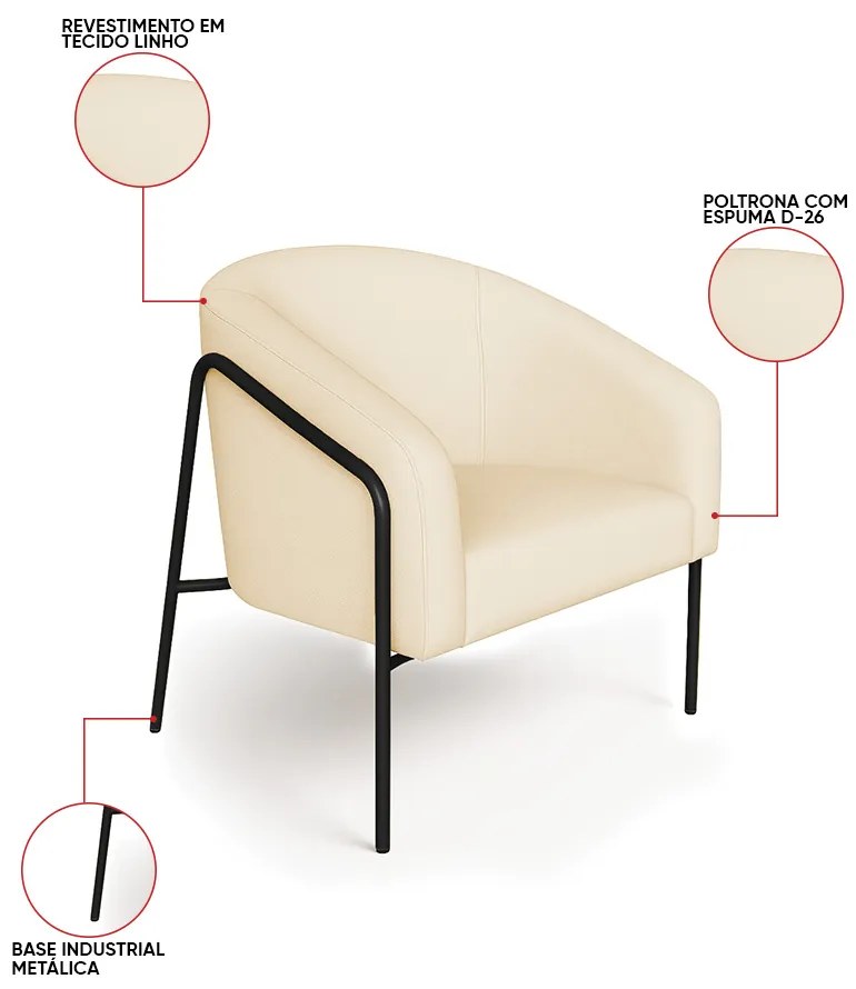Poltrona Sala Industrial Alta Preto Kit 2 Stella Linho D03 - D'Rossi - Bege