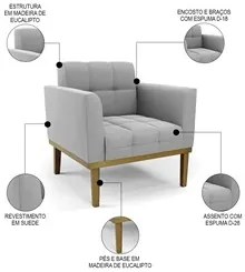 Sofá Namoradeira e 2 Poltronas Base Madeira Castanho Ana Suede Cinza -