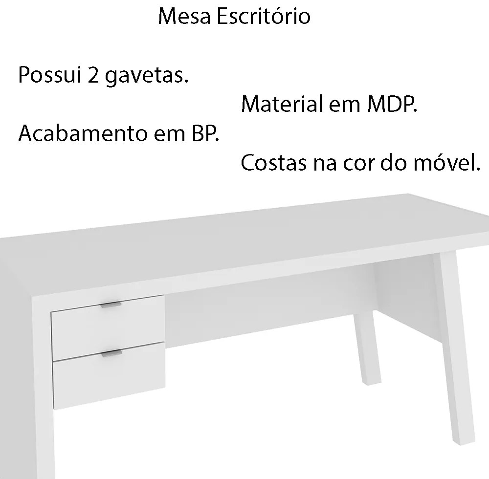 Mesa com 2 Gavetas para Escritório Home Office ME4122 MDP Branco G69 - Gran Belo