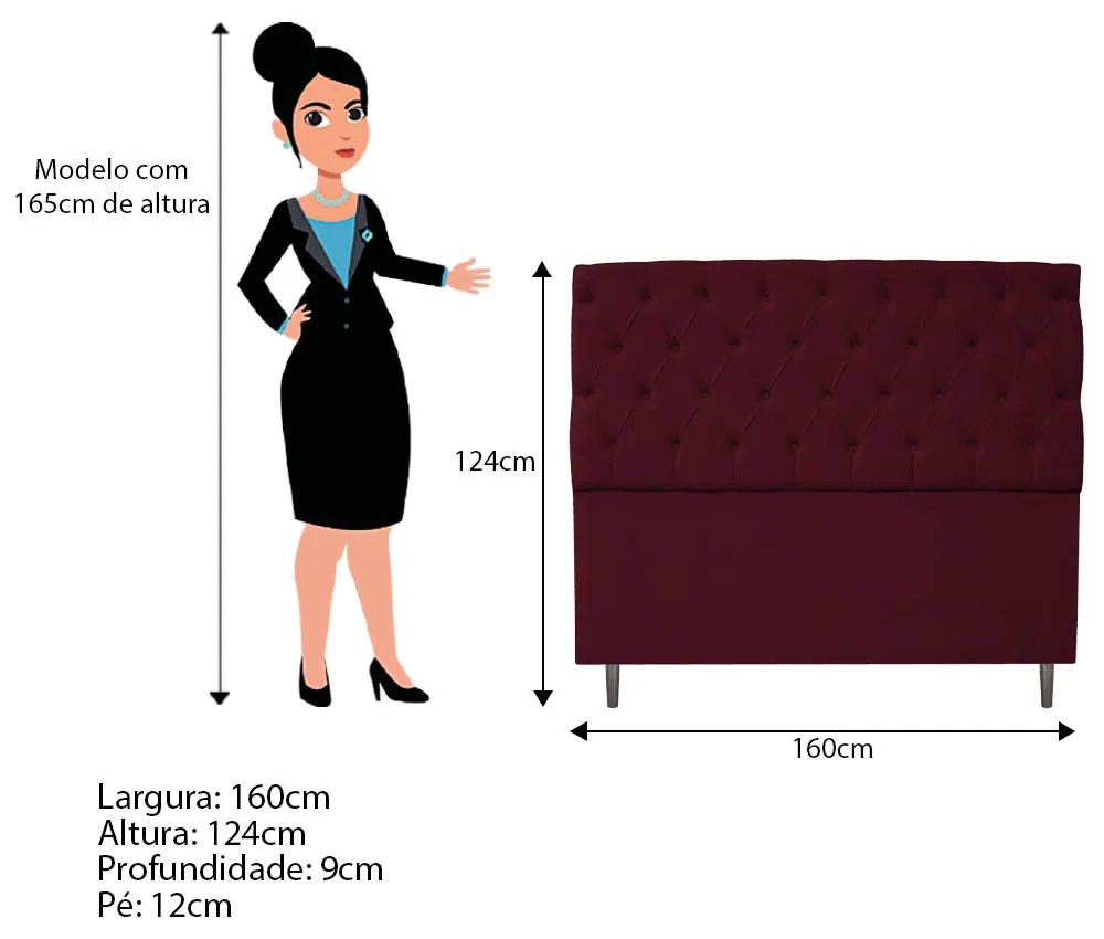Cabeceira Estofada Liverpool 160 cm Queen Size Suede Bordô - ADJ Decor