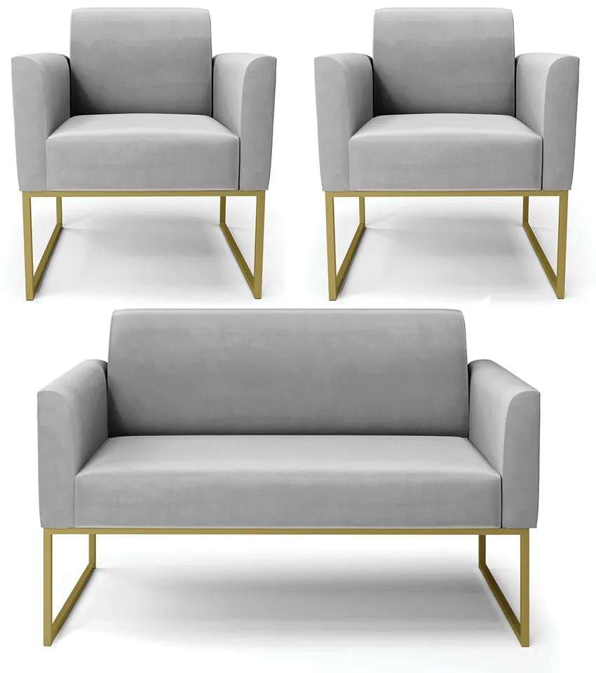Sofá Namoradeira com 2 Poltronas Base Industrial Dourado Marisa Suede Cinza D03 - D'Rossi