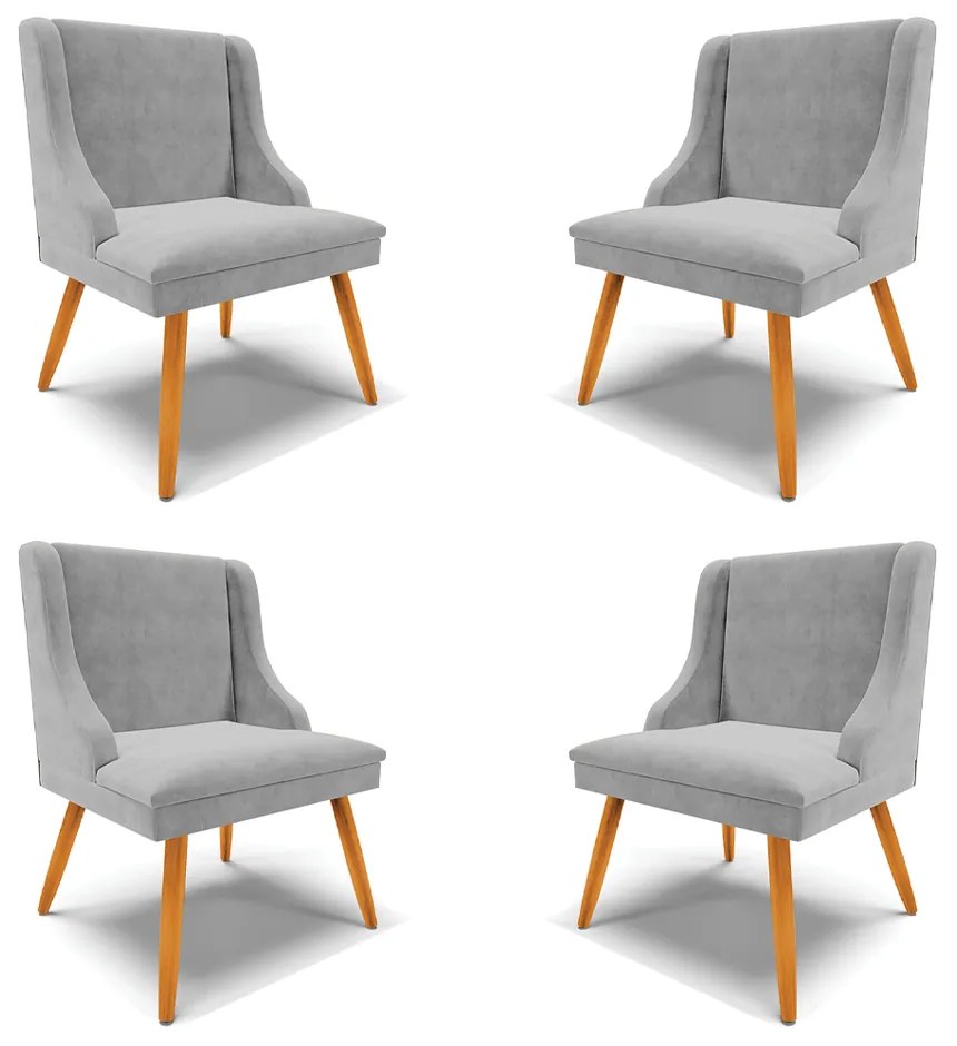 Kit 4 Cadeiras Decorativas Sala de Jantar Pés Palito de Madeira Firenze Suede Cinza/Natural G19 - Gran Belo