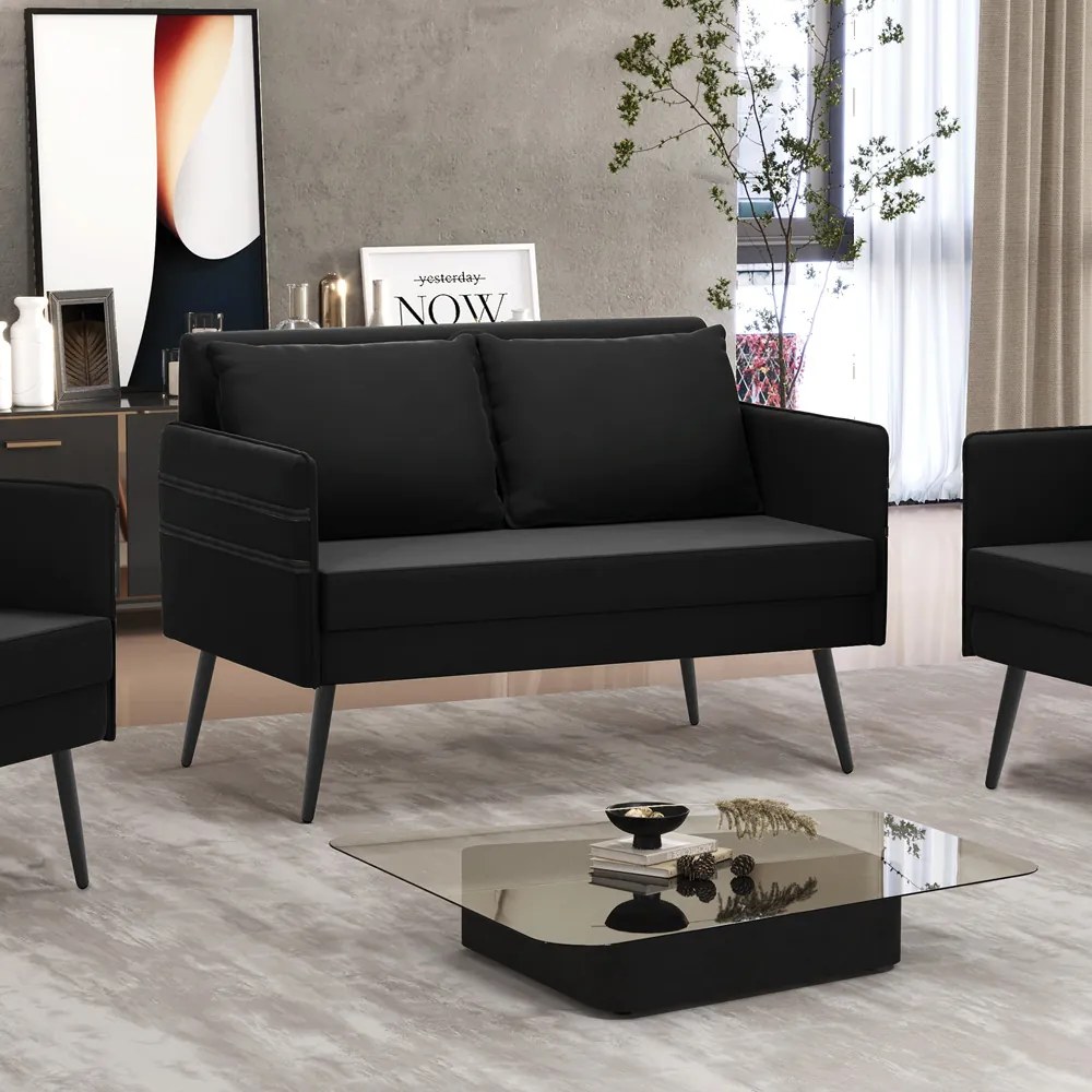 Namoradeira 02 Lugares Mari Suede Preto Pés Palito de Ferro - D'Rossi