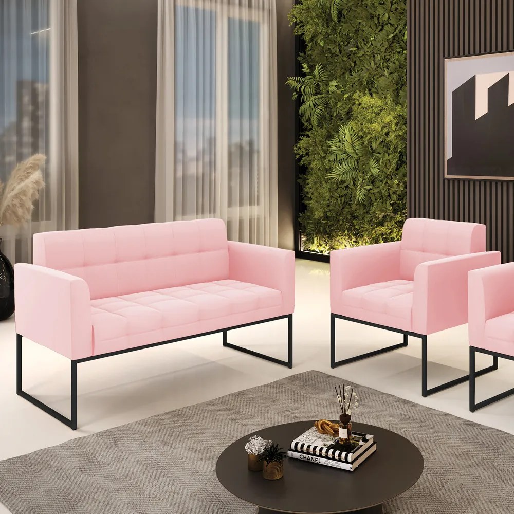 Kit 1 Sofá Namoradeira e 1 Poltrona Elisa Suede Rosa Bebê Base Metálica Industrial Preto - D'Rossi