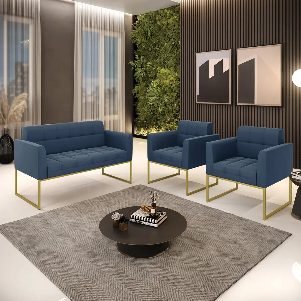 Kit 1 Sofá Namoradeira e 2 Poltronas Elisa Suede Azul Marinho Base Metálica Industrial Dourado - D'Rossi