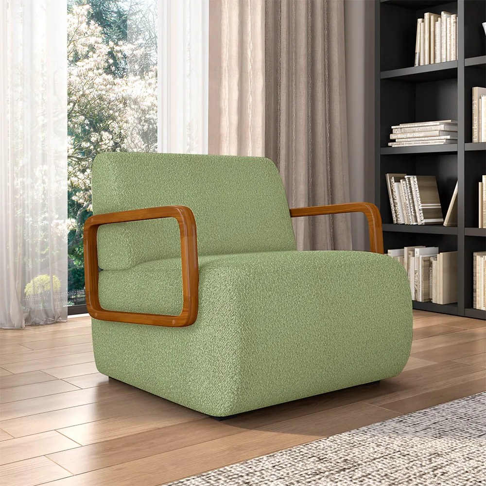 Kit 2 Poltronas Decorativa Sala de Estar Odessa Braços em Madeira Bouclê Verde Oliva G33 - Gran Belo