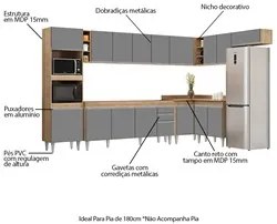 Armário de Cozinha Modulada de Canto 9 Peças CP04 Balcão Castanho/Cinz