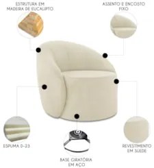 Poltrona Sala Giratória Redonda 91cm Steve Suede Bege I01  - Mpozenato