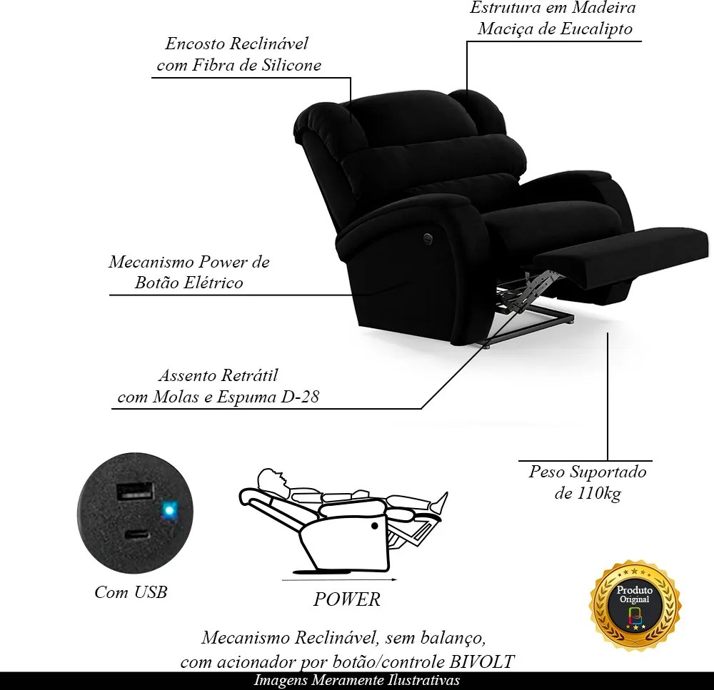 Poltrona do Papai Sala de Cinema Reclinável Kylie Power Elétrica USB Veludo Preto G23