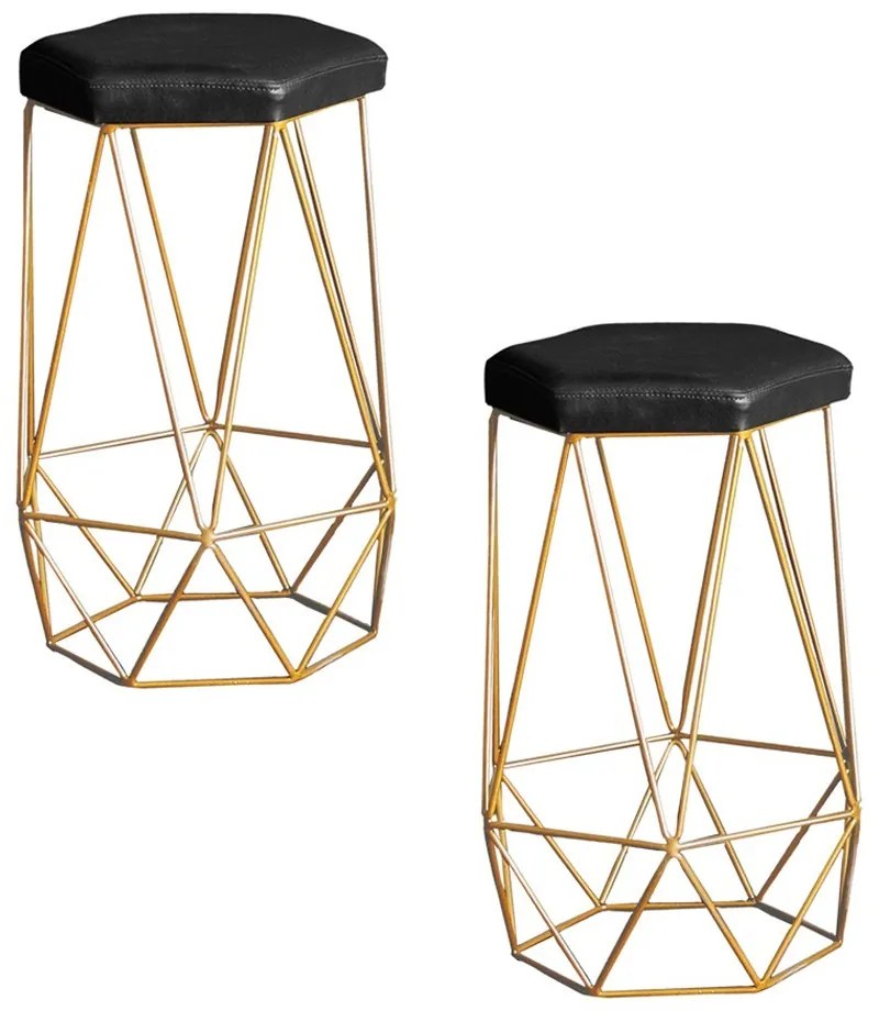 Kit 2 Banqueta Decorativa Rubel Base Gold PU Sintético Preto G41 - Gran Belo