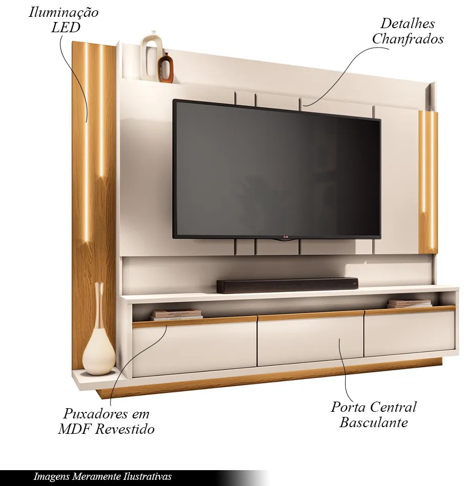 Home Theater Decorativo Punk para TV até 75" com LED Off White/Cinamomo G26 - Gran Belo