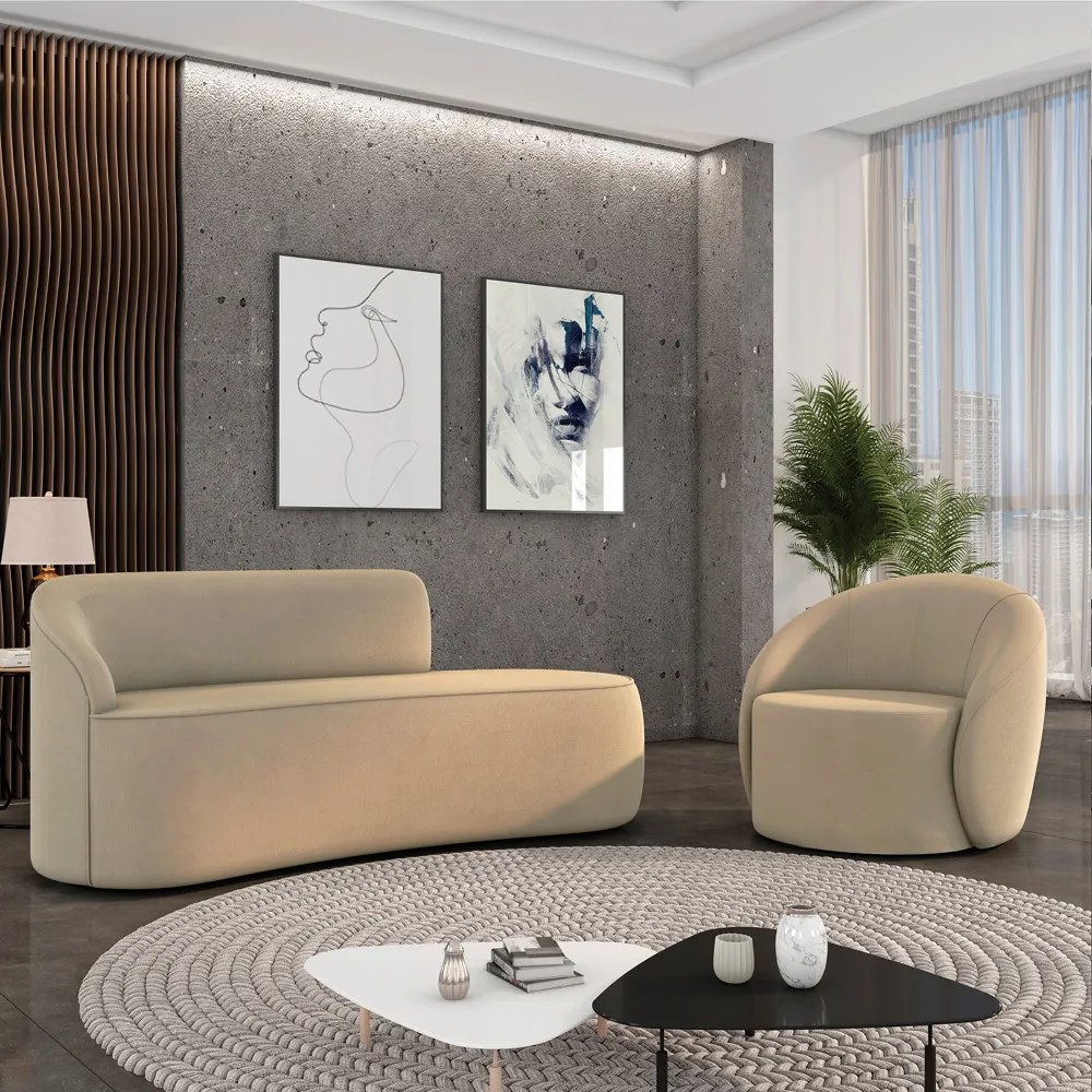 Sofá 2 Lugares Orgânico 140cm Morgan e Poltrona Lua Suede Marrom Rato D03 - D'Rossi