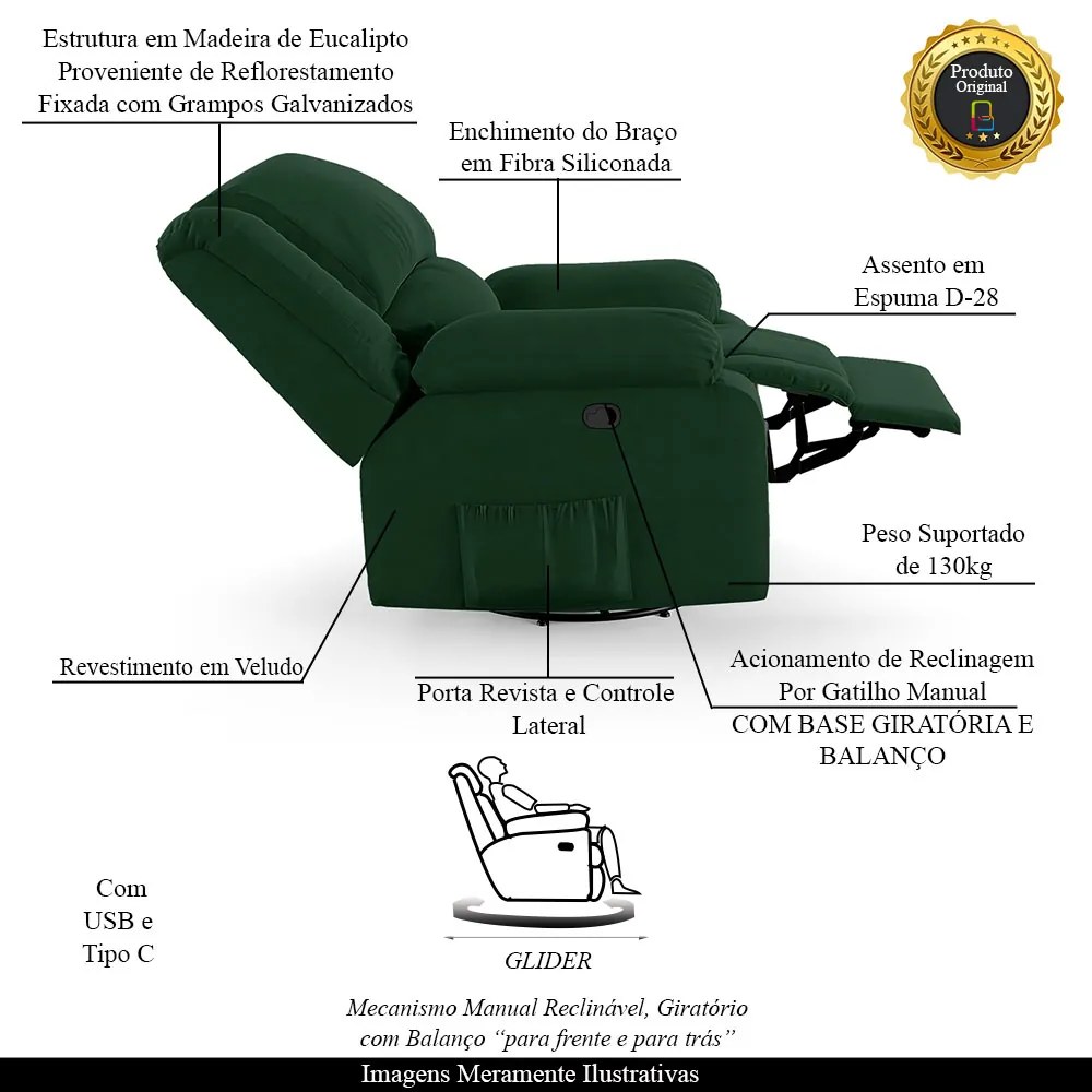 Poltrona do Papai Reclinável Sala de Cinema Madrid Glider Manual Giratória USB Veludo Verde Esmeralda G23