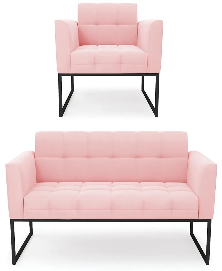 Kit 1 Sofá Namoradeira e 1 Poltrona Elisa Suede Rosa Bebê Base Metálica Industrial Preto - D'Rossi