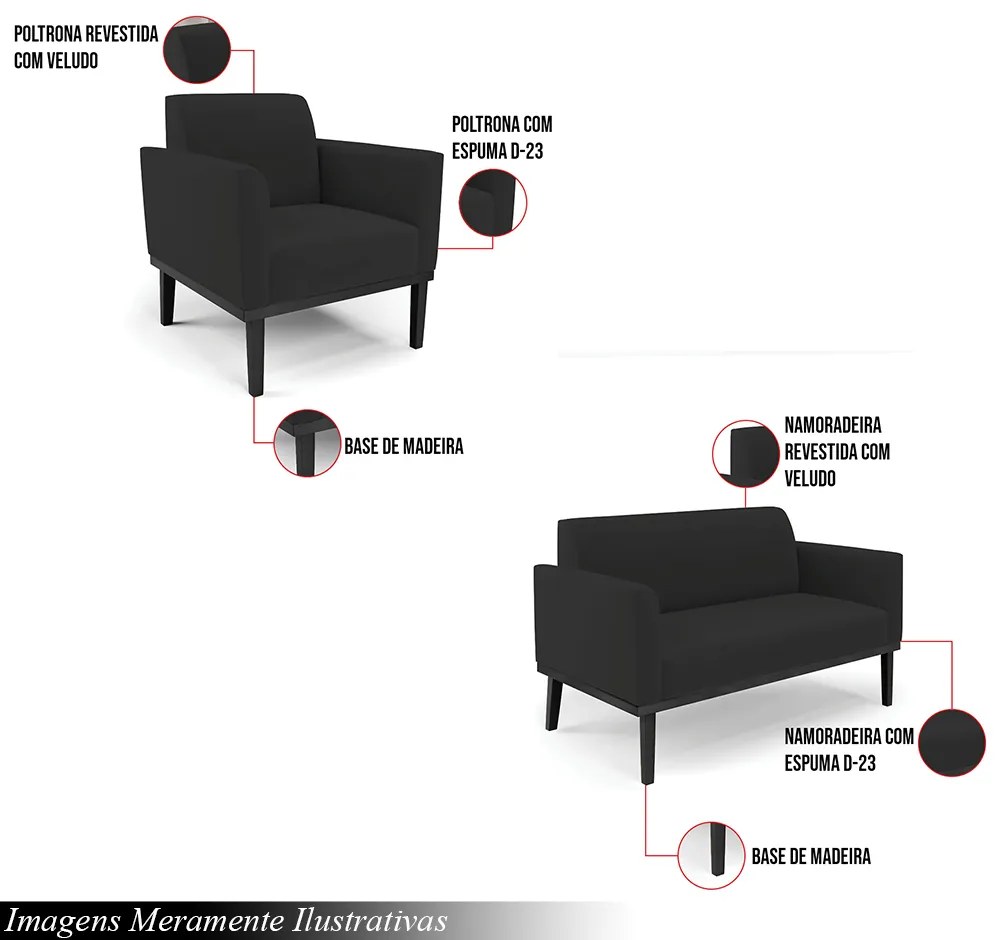 Conjunto 2 Poltronas e 1 Namoradeira Decorativa Isabella Pés Fixo em Madeira Preto Veludo Preto G19 - Gran Belo