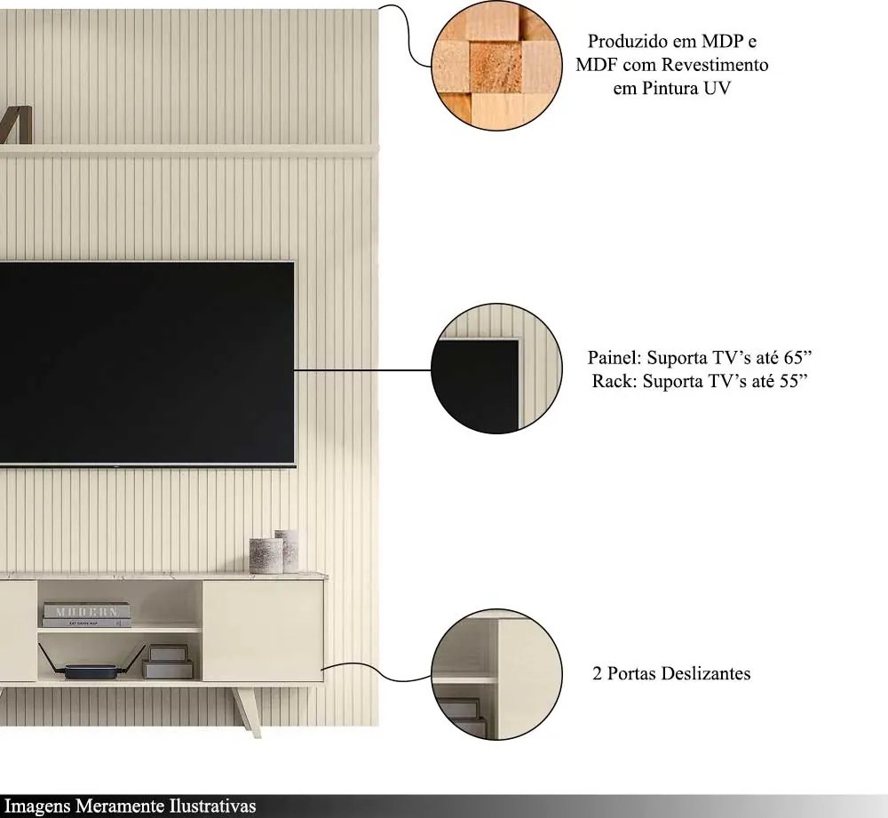 Conjunto Painel com Bancada Morpheus 2 Portas Deslizantes MDP até 65 Calacata/OffWhite G97 - Gran Belo